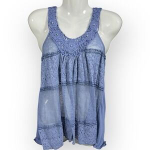 Vanity Tank Top Womens Sz XL Beaded V-Neck Blue Crochet Flowers Sheer Lace Boho